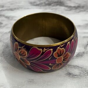 Vintage Floral Enamel & Brass Bangle Bracelet